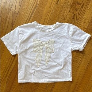 Organic Collective White Short Sleeve Cotton Cropped T-Shirt Lace Bow Applique S